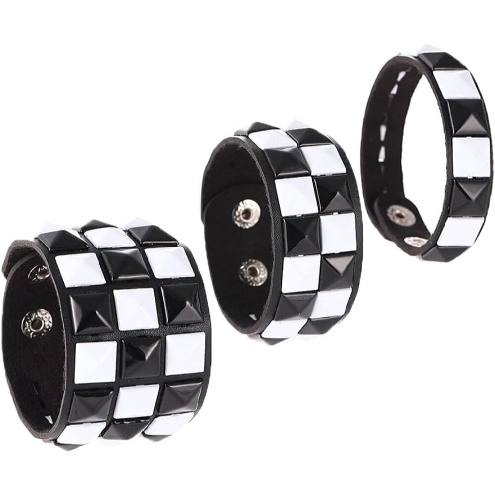 3 Piece Faux Leather Punk Bracelets Black White Checkered Studded Adjustable